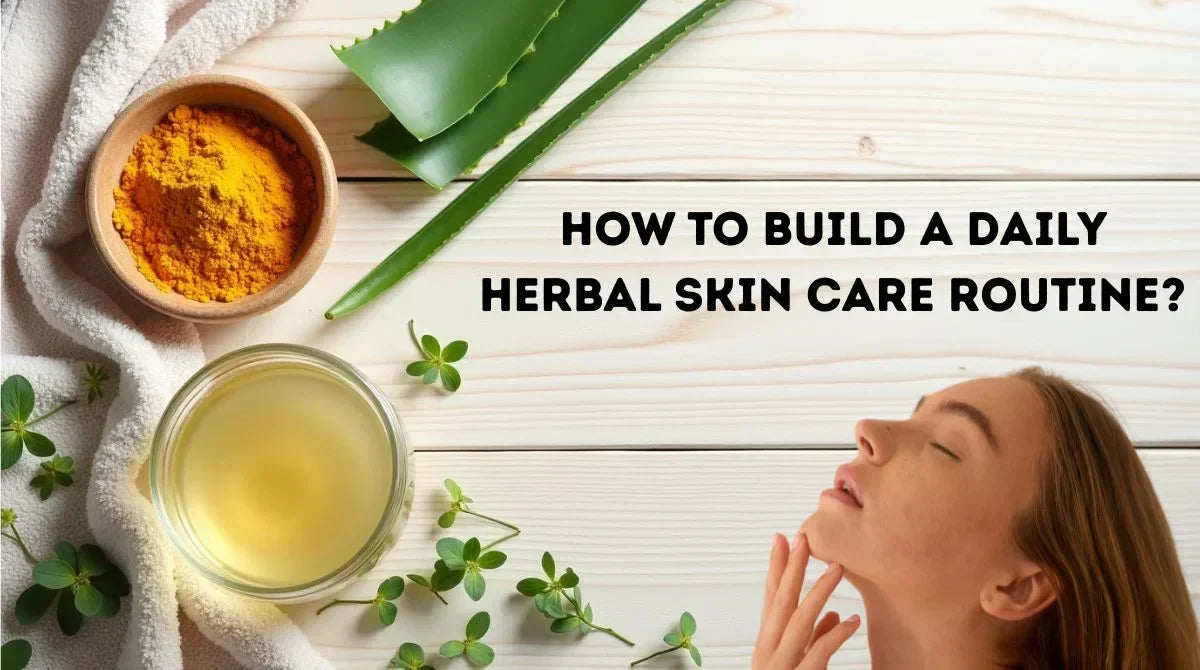 Natural herbal skin care products including turmeric, aloe vera, rosewater, and green tea arranged on a spa towel