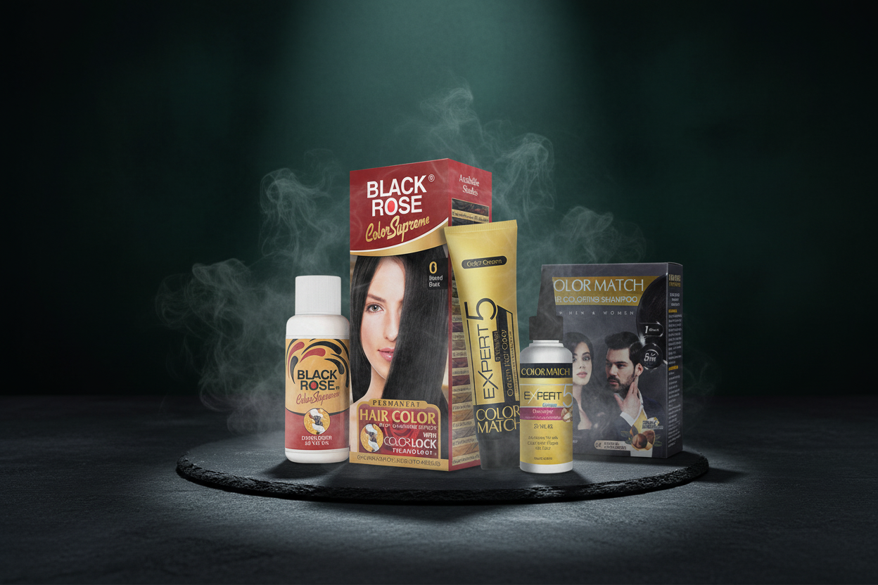 Black Rose hair color product range in a moody editorial hero shot with dramatic lighting for long-lasting hair color blog