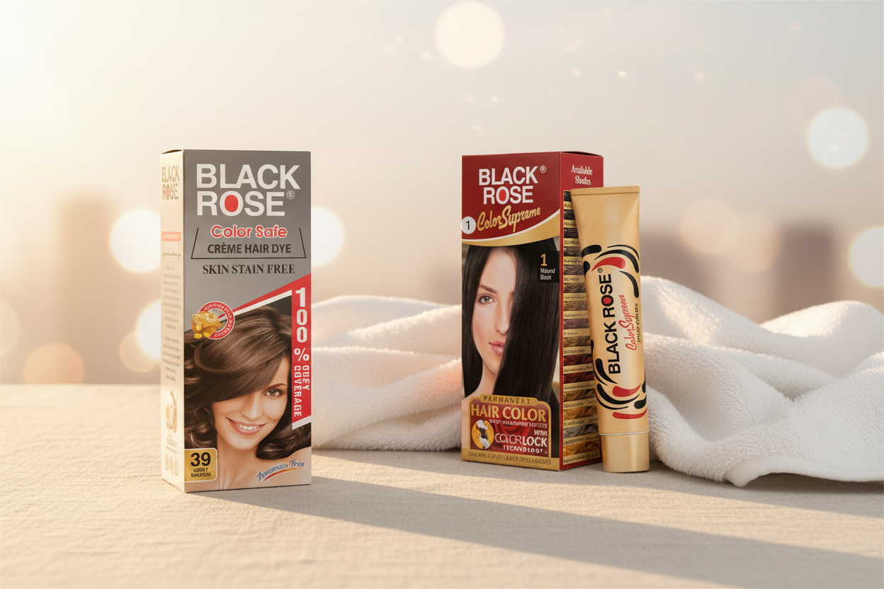 Black Rose Color Safe and Color Supreme Hair Color on linen surface with golden light — first 7 days hair color aftercare guide