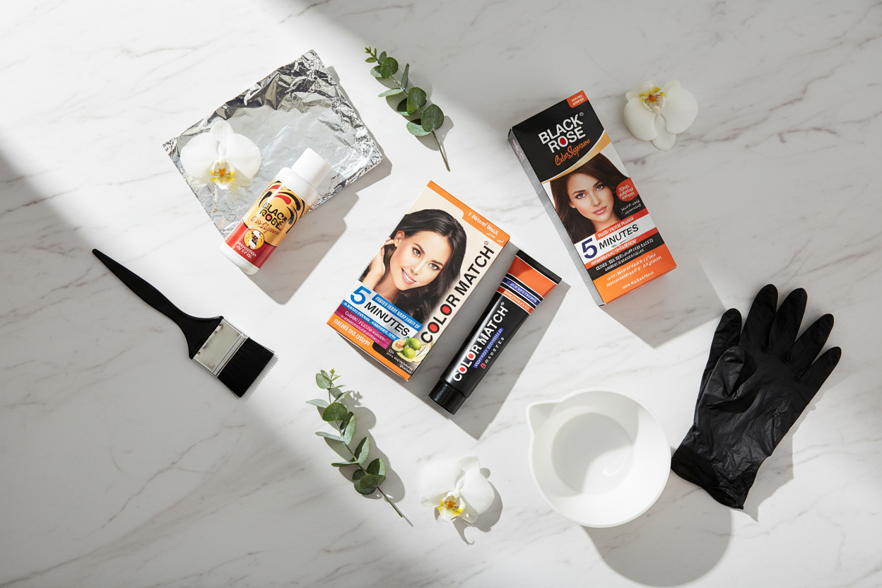 Black Rose hair color products for face-framing highlights and money piece techniques on marble surface with professional tools