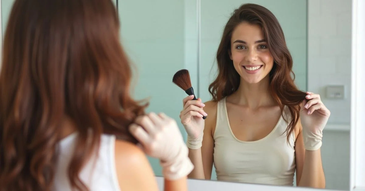 Girl applying brown hair dye at home with Blackrose.pk product.