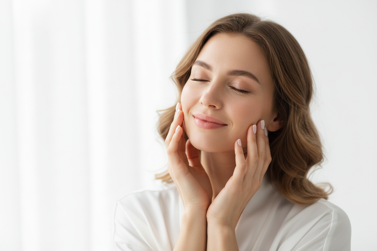 Woman with clear glowing skin showing acne prevention results and healthy complexion