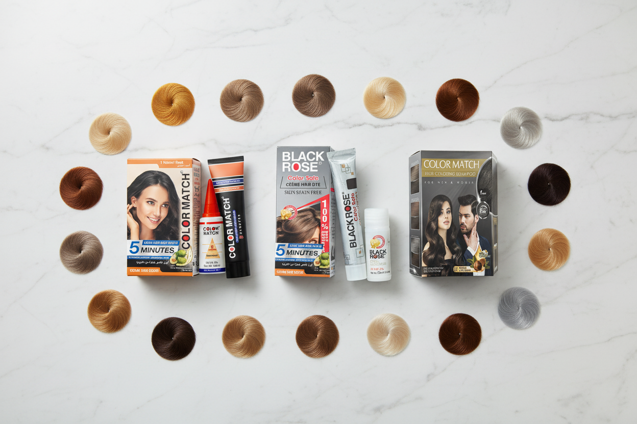 Black Rose Color Safe Color Match and Hair Coloring Shampoo flat lay with grey hair color swatches in honey ash mushroom pearl and silver