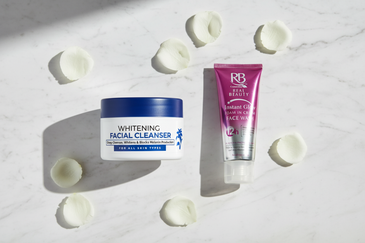 Black Rose Whitening Facial Cleanser and RB Instant Glow Face Wash flat lay on white marble — face cleanser vs face wash comparison