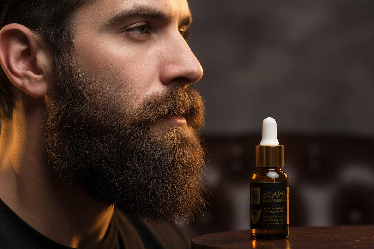 Side profile of a man with a full groomed beard and Black Rose Beard Growth Serum in foreground