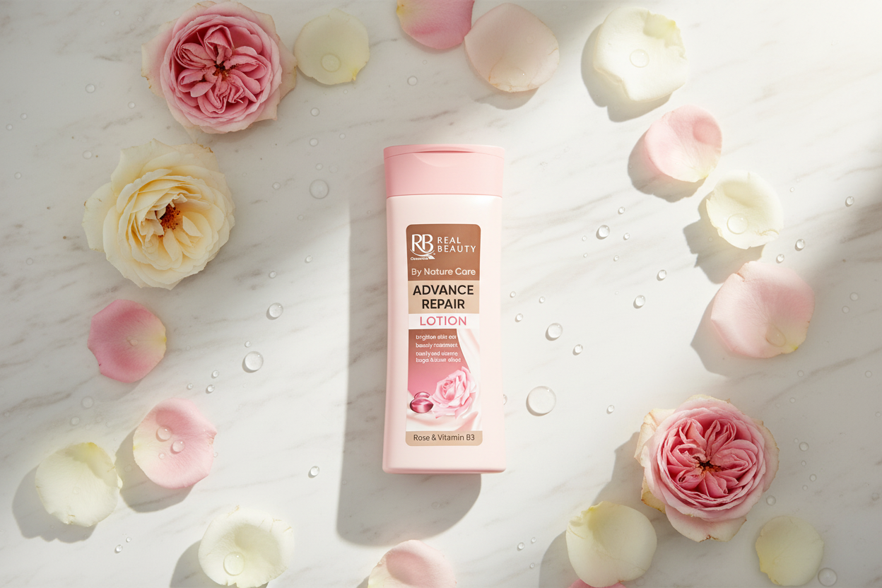 Real Beauty Advance Repair Lotion with rose petals on marble – lightweight non-greasy body lotion for summer