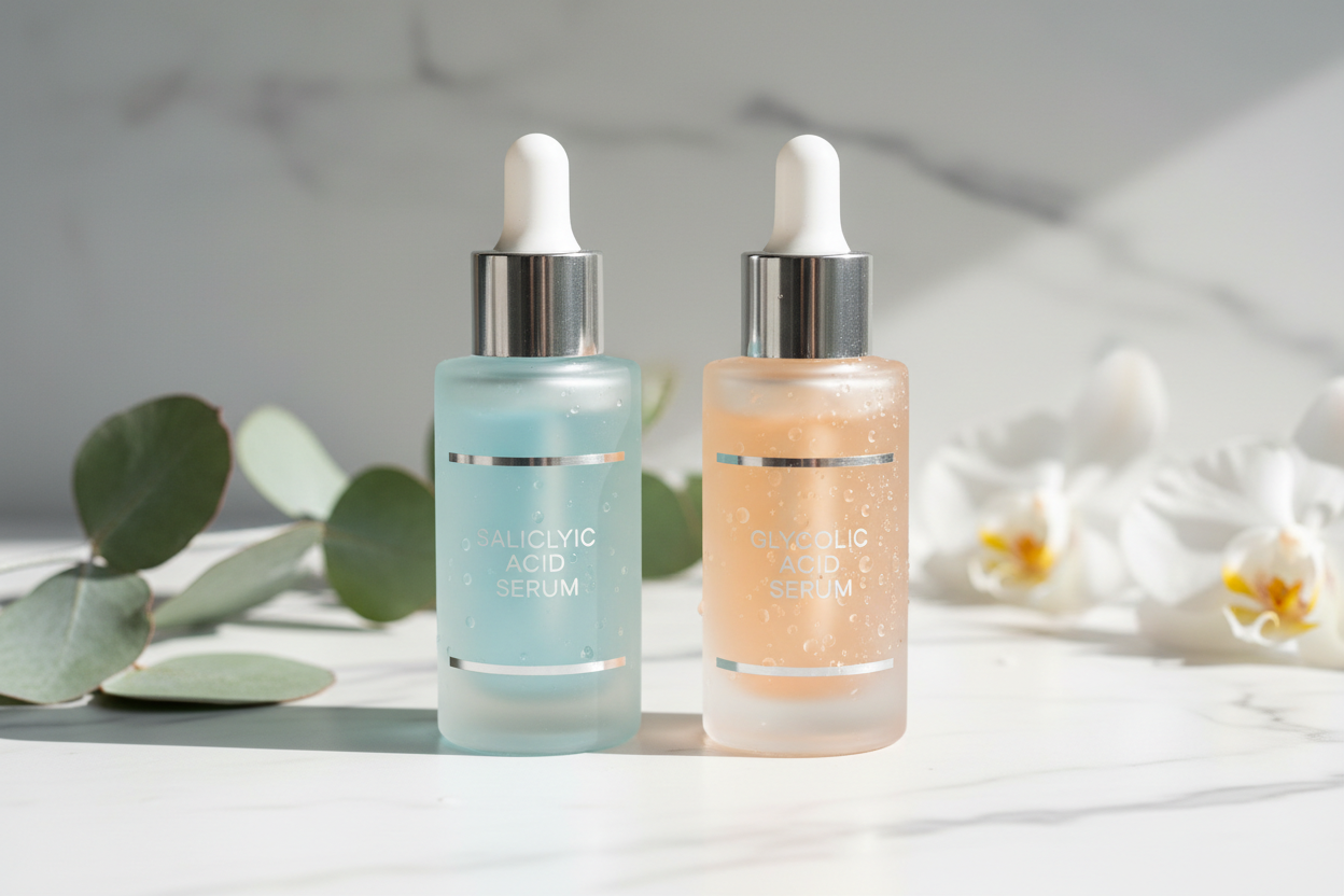Salicylic acid vs glycolic acid comparison guide showing BHA and AHA skincare serums for acne, dark spots, and texture