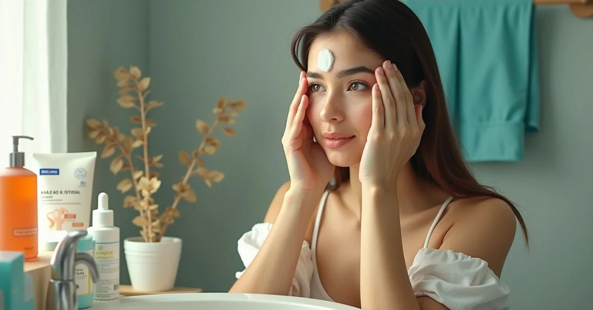Person removing hair dye from forehead using cotton pad with common stain removal items like toothpaste and makeup remover on bathroom counter.