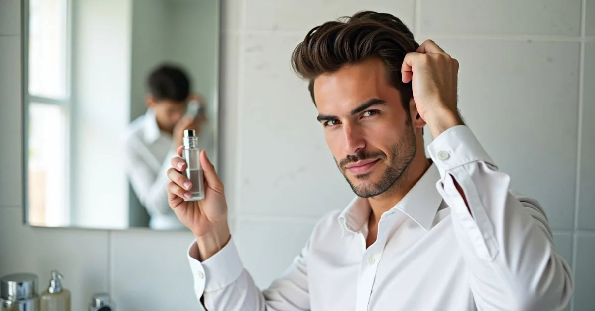 Professional man using hair serum in bathroom