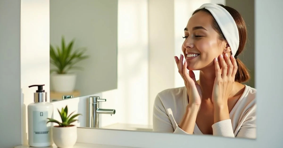 Woman applying moisturizer as part of a primary skin care routine with cleanser and sunscreen on a clean bathroom counter.