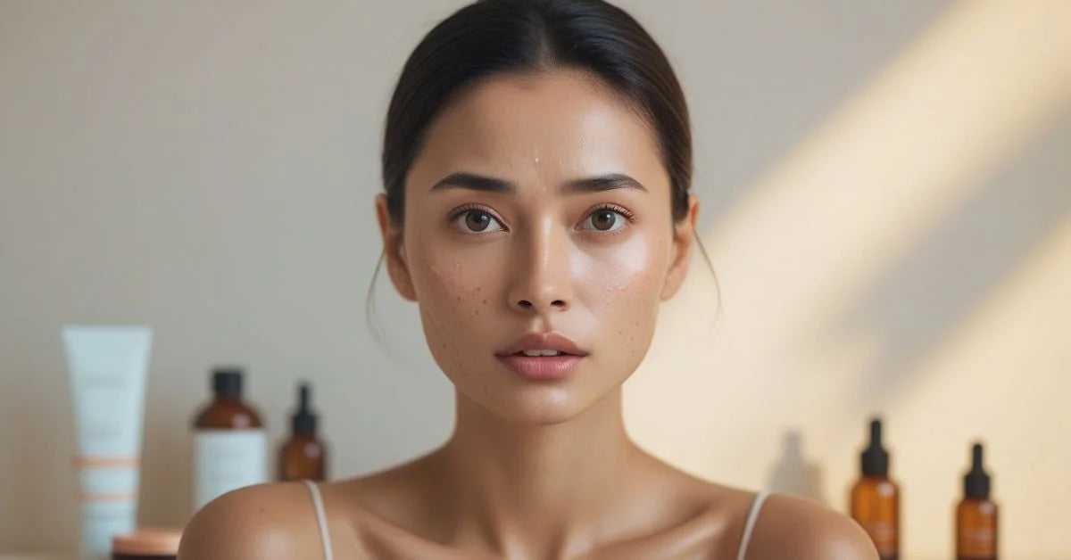 Young woman with clear, glowing skin, surrounded by skincare products in a softly lit setting
