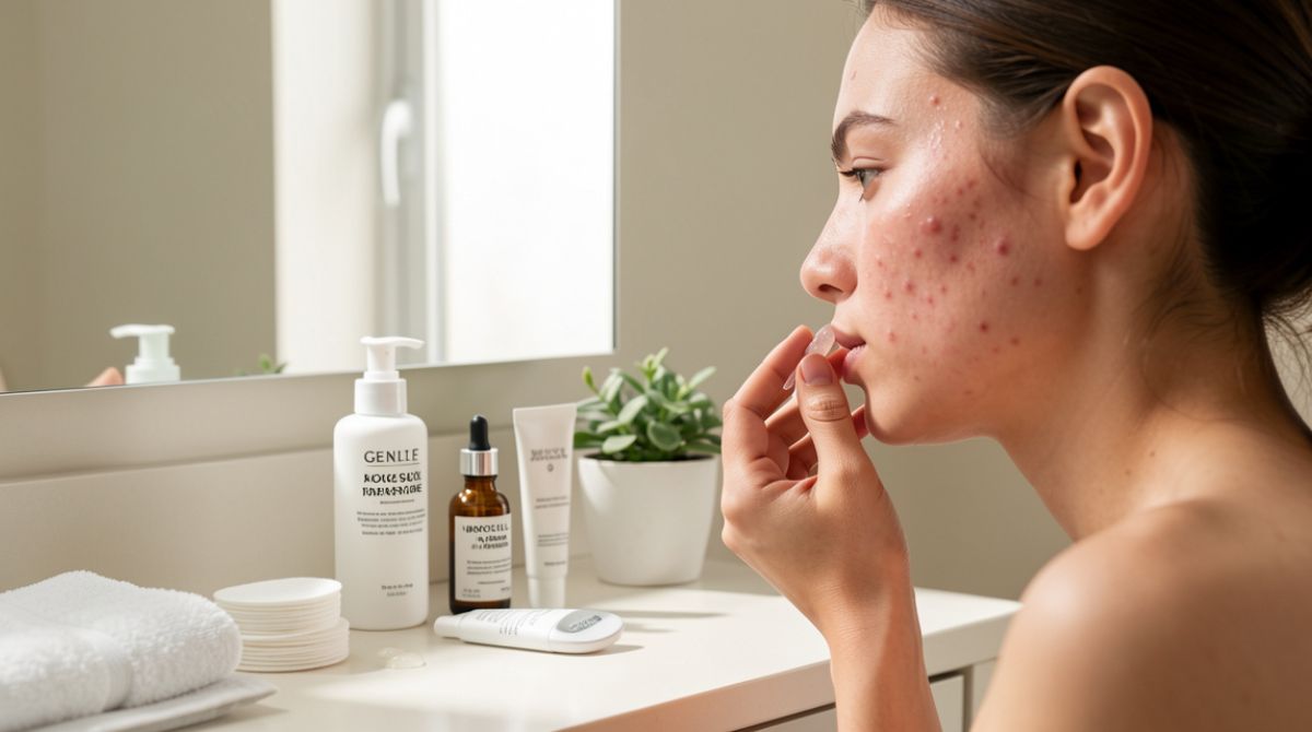 Woman with acne-prone skin applying facial skincare treatment while standing in front of a mirror with skincare products on the counter