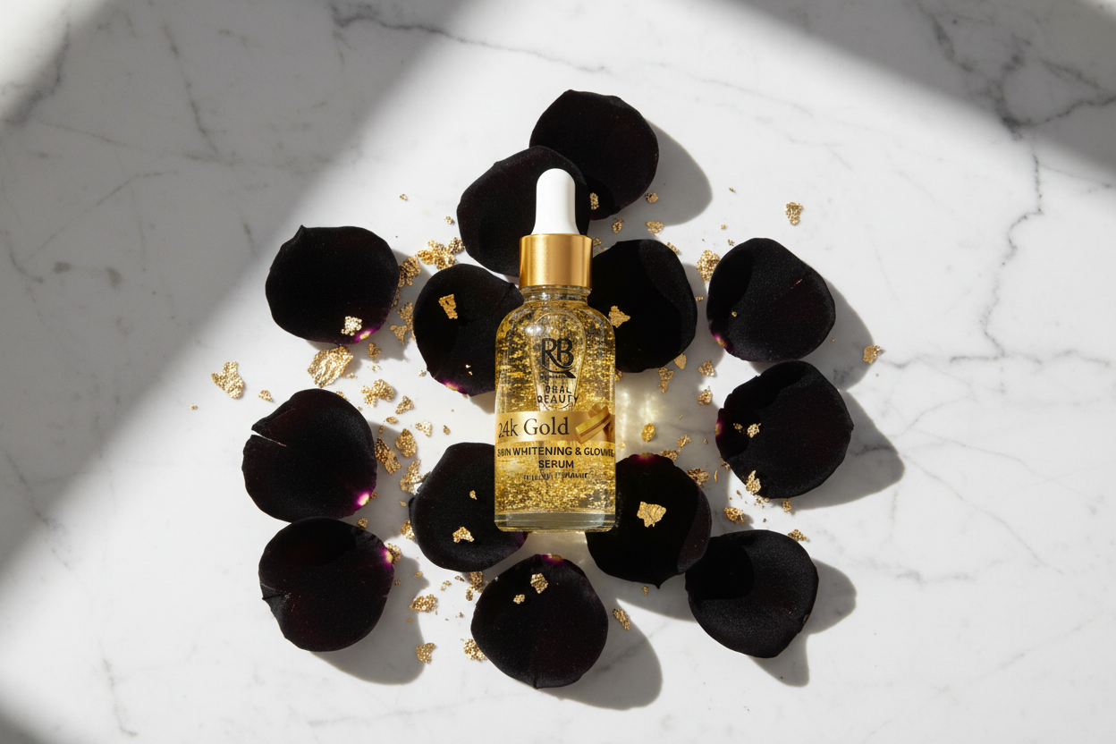 Black Rose 24K Gold Skin Whitening and Glowing Serum flat lay with gold flakes and rose petals on marble