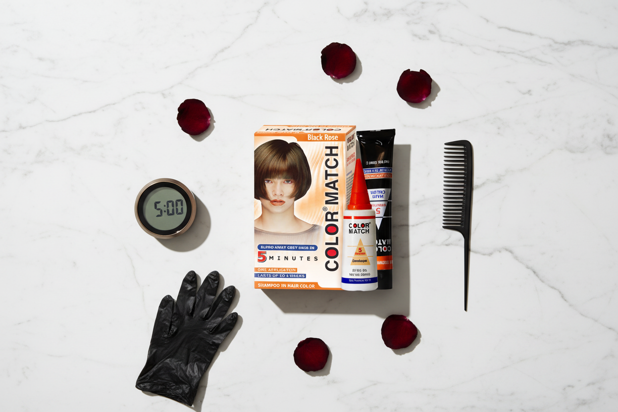 VBlack Rose Color Match 5 Minutes Hair Color with conditioning mask and hair serum on marble tray for post-color hair care routine