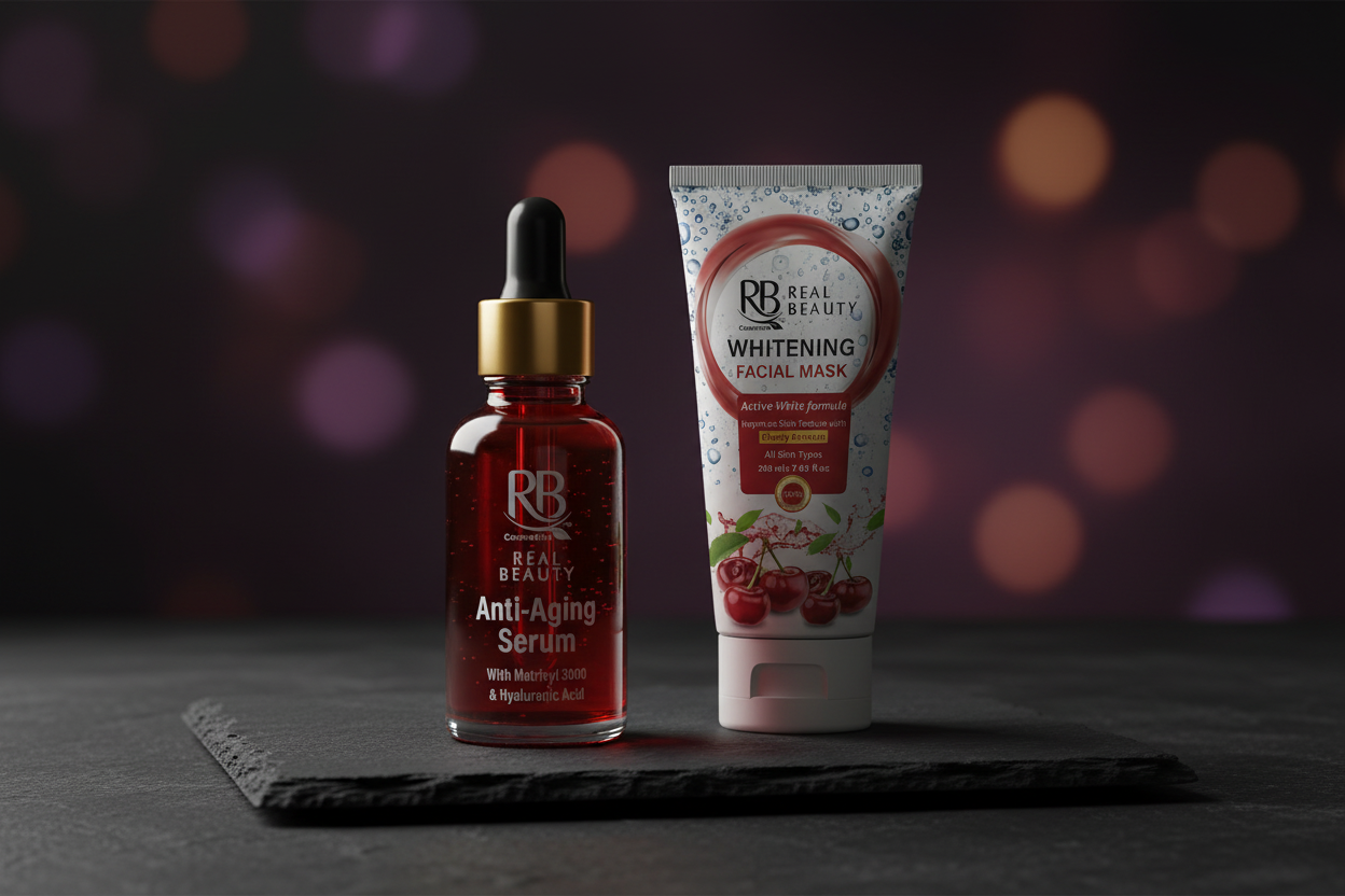 Black Rose Anti-Aging Serum with Matrixyl, Whitening Facial Mask and Urgent Facial with Serum standing upright on dark slate surface with dramatic luxury lighting