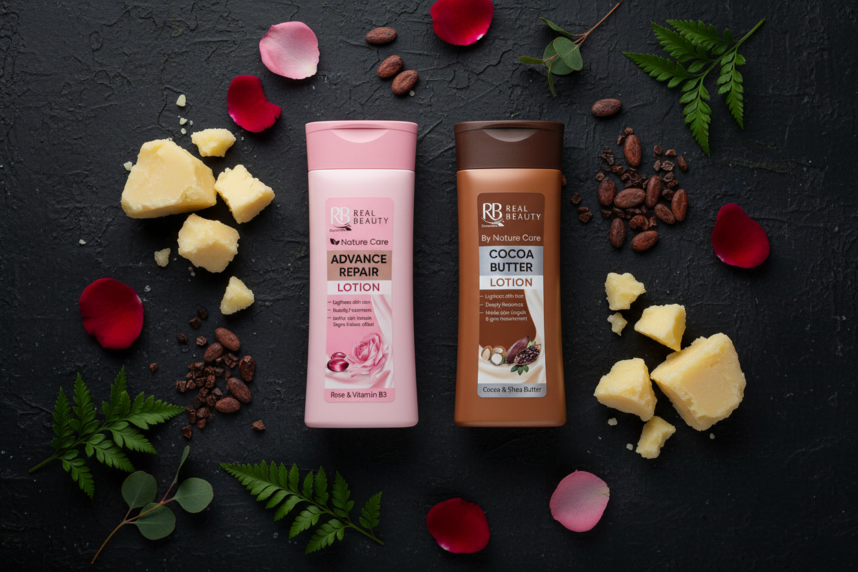 Overhead flat lay of Black Rose Real Beauty body lotions with shea butter, rose petals and cocoa nibs – premium body lotions in Pakistan