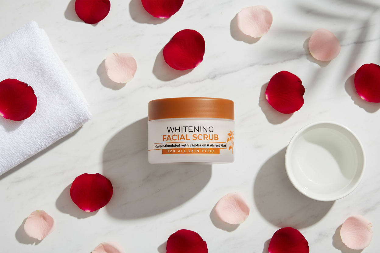 Black Rose Whitening Facial Scrub flat lay on marble with rose petals and white towel