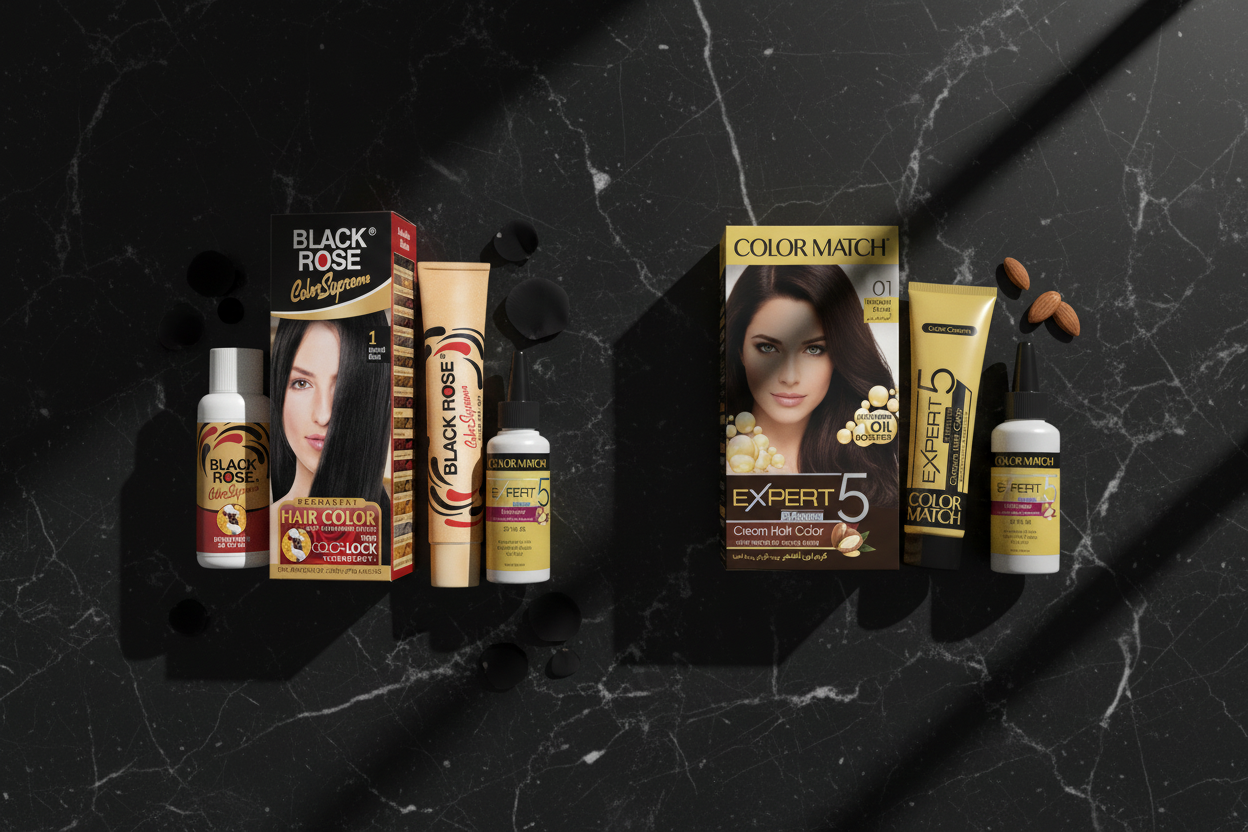 Black Rose Color Supreme and Color Match Expert Hair Color products on dark marble – black vs dark brown hair color comparison