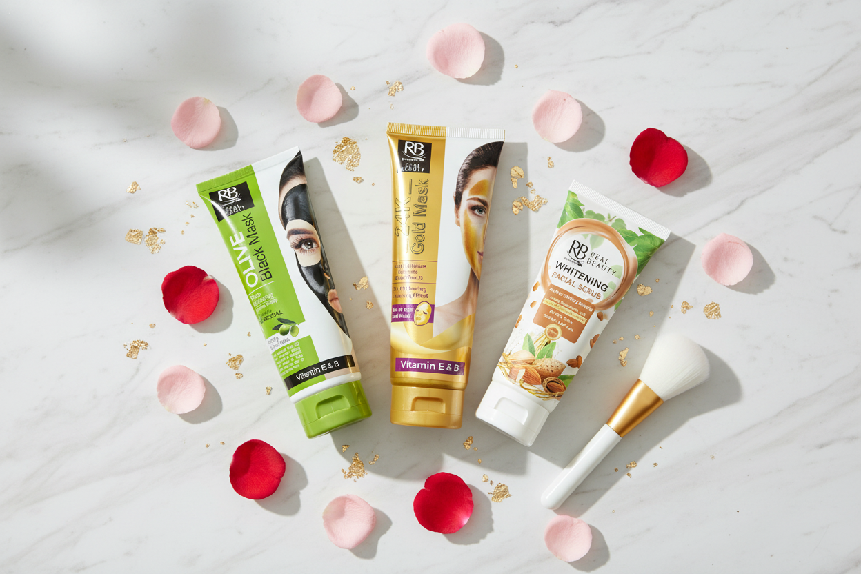 Black Rose skincare products including Olive Black Mask, 24K Gold Mask, and Whitening Facial Scrub arranged on marble with rose petals for a home facial routine