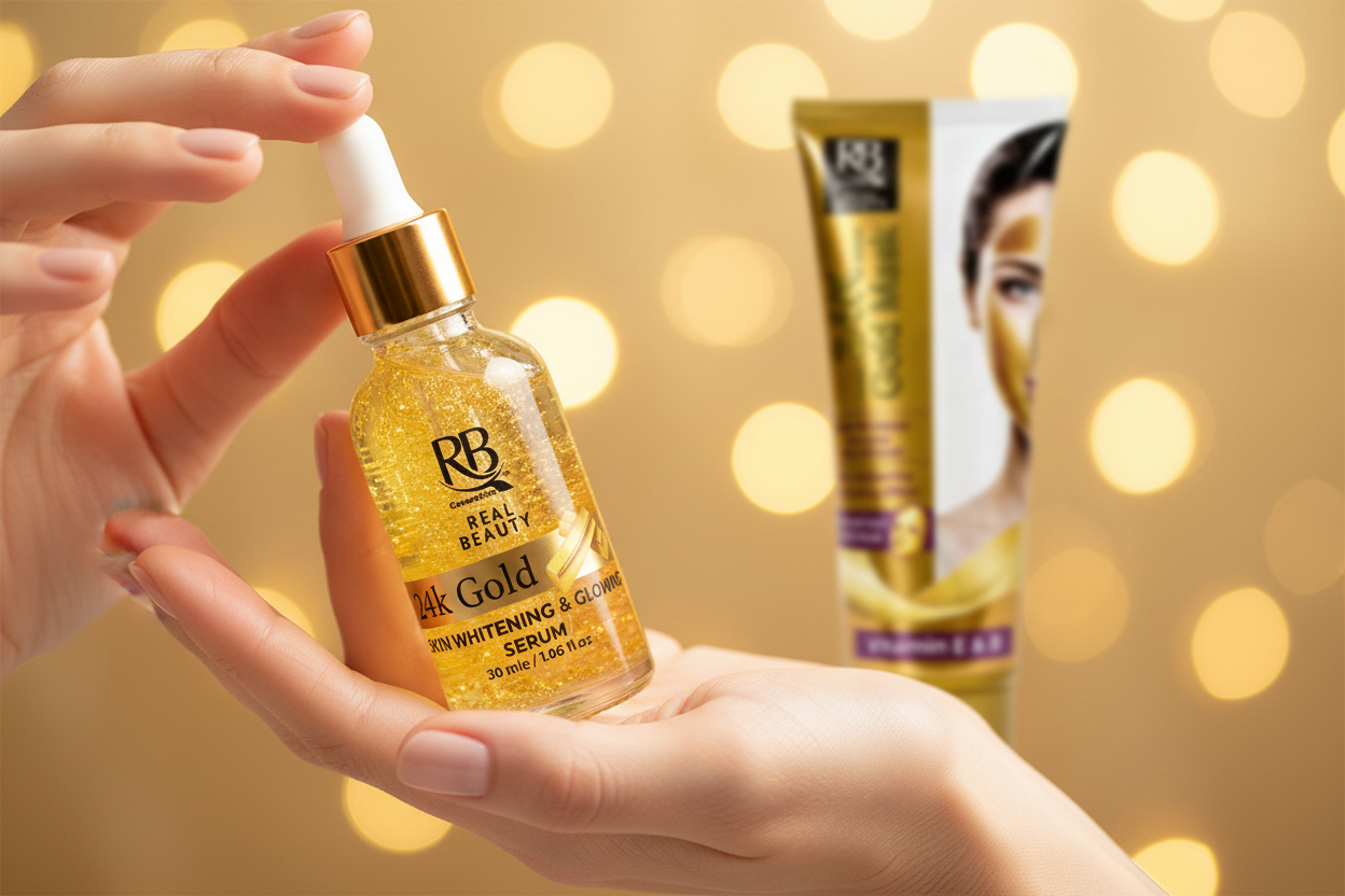 24K Gold Serum held in hands with glowing skin, Gold Mask in background – Black Rose