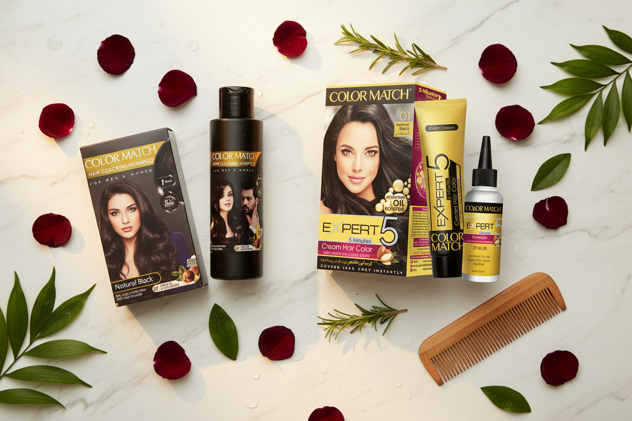 Black Rose hair color shampoo and cream hair color products on marble with rose petals