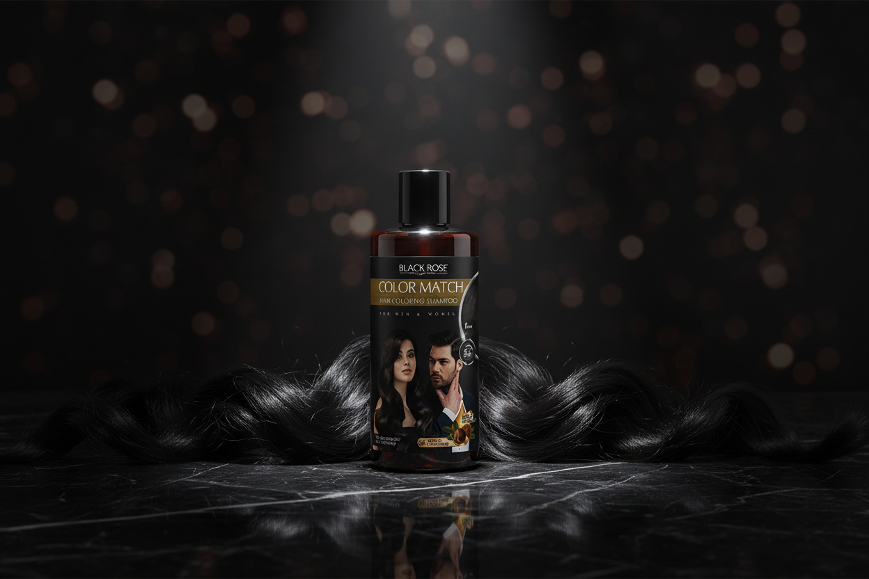 Black Rose Hair Coloring Shampoo Black on dark marble with glossy colored hair strands and moody lighting
