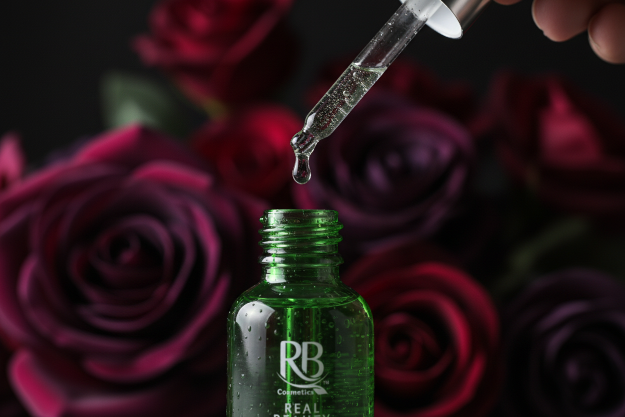 Black Rose Anti-Acne Serum with Salicylic Acid dropper close-up on dark background with rose petals