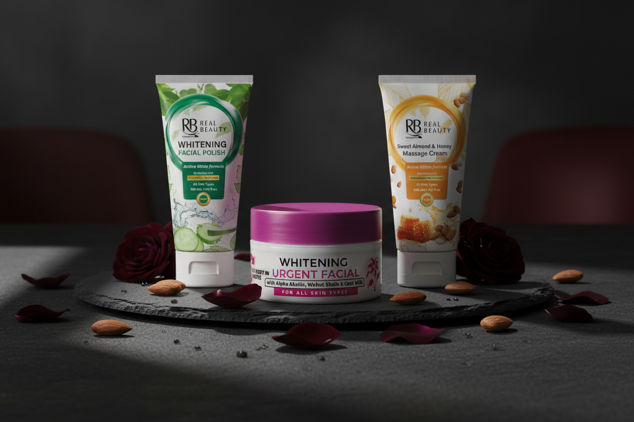 Black Rose Whitening Facial Polish, Whitening Urgent Facial, and Sweet Almond Massage Cream on dark slate with rose petals, showcasing premium everyday skincare