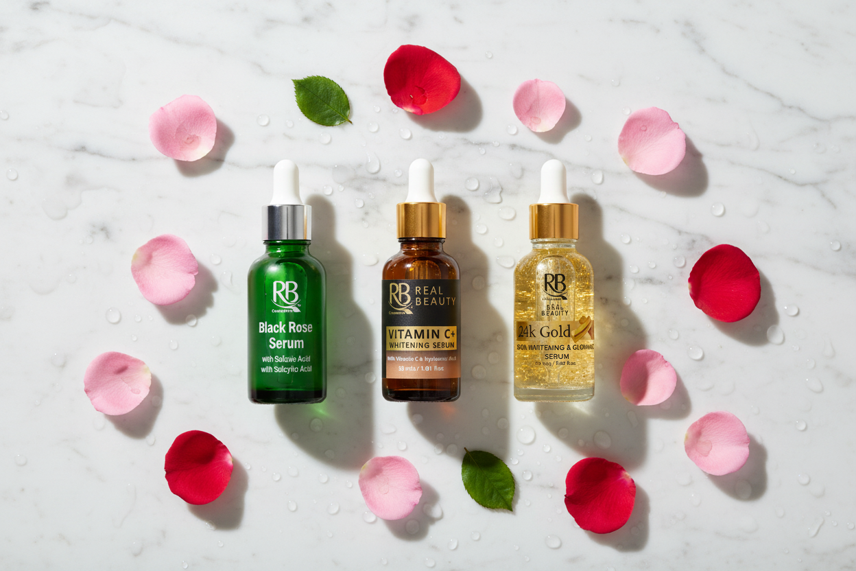 Black Rose summer skincare serums flat lay – Anti-Acne, Vitamin C, and 24K Gold Serum for oily skin in Pakistan