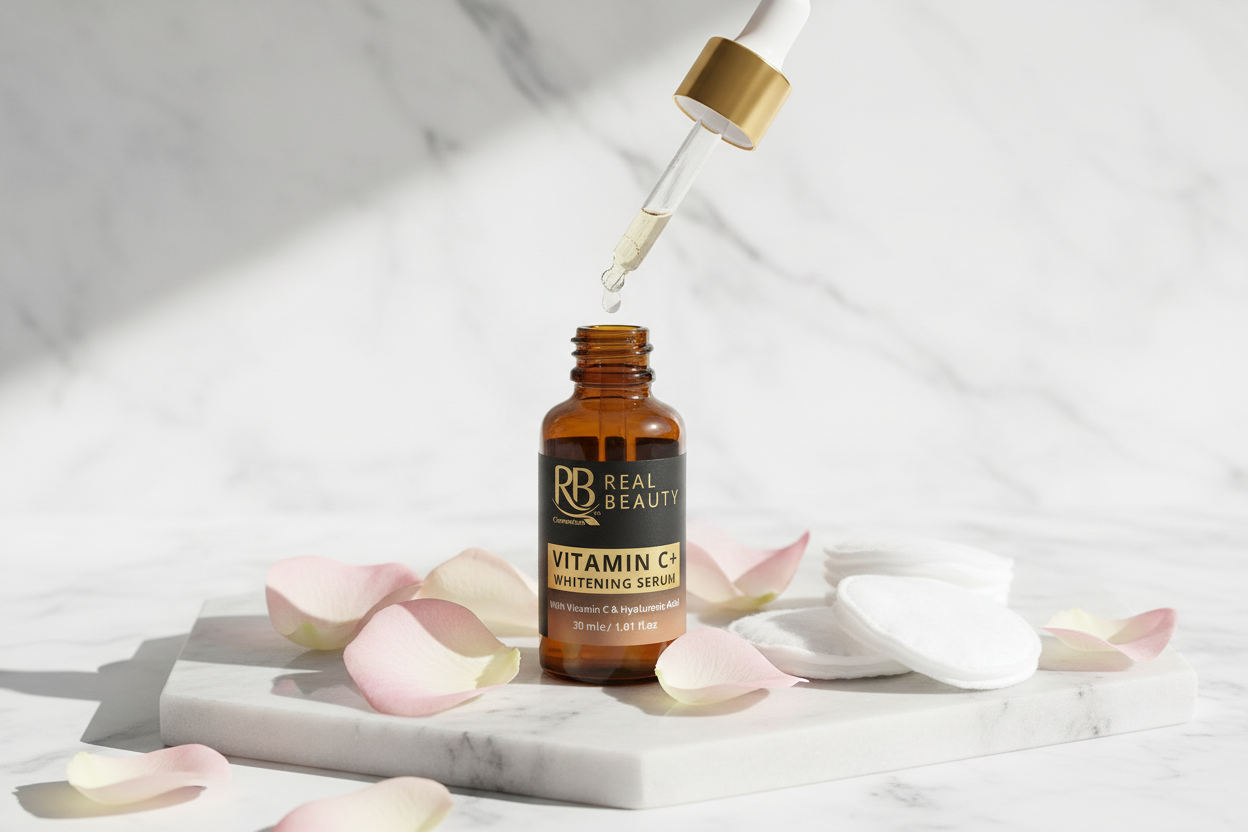 Alt Text: Black Rose Vitamin C Whitening Serum on marble surface for daily skincare routine
