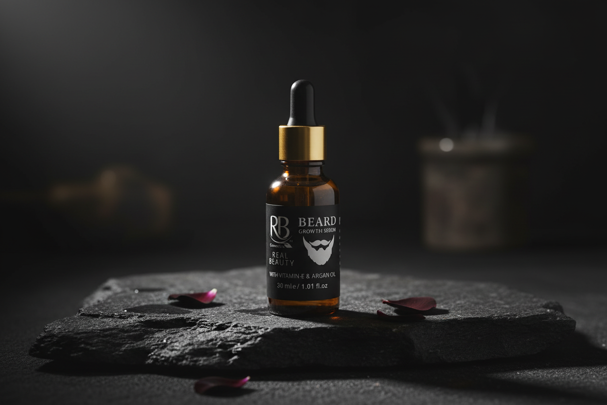 Black Rose Beard Growth Serum bottle on dark stone surface with moody studio lighting