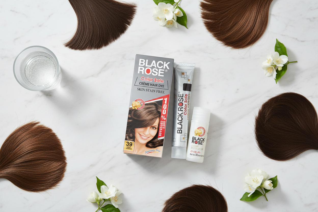 Black Rose hair color products flat lay with brown hair swatches on marble — color care for Pakistan's hard water