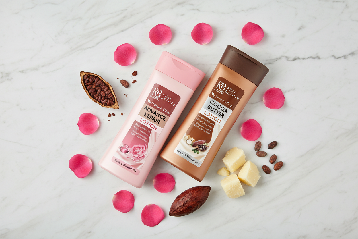 Black Rose Real Beauty body lotion and cocoa butter lotion flat lay with rose petals and cocoa pods