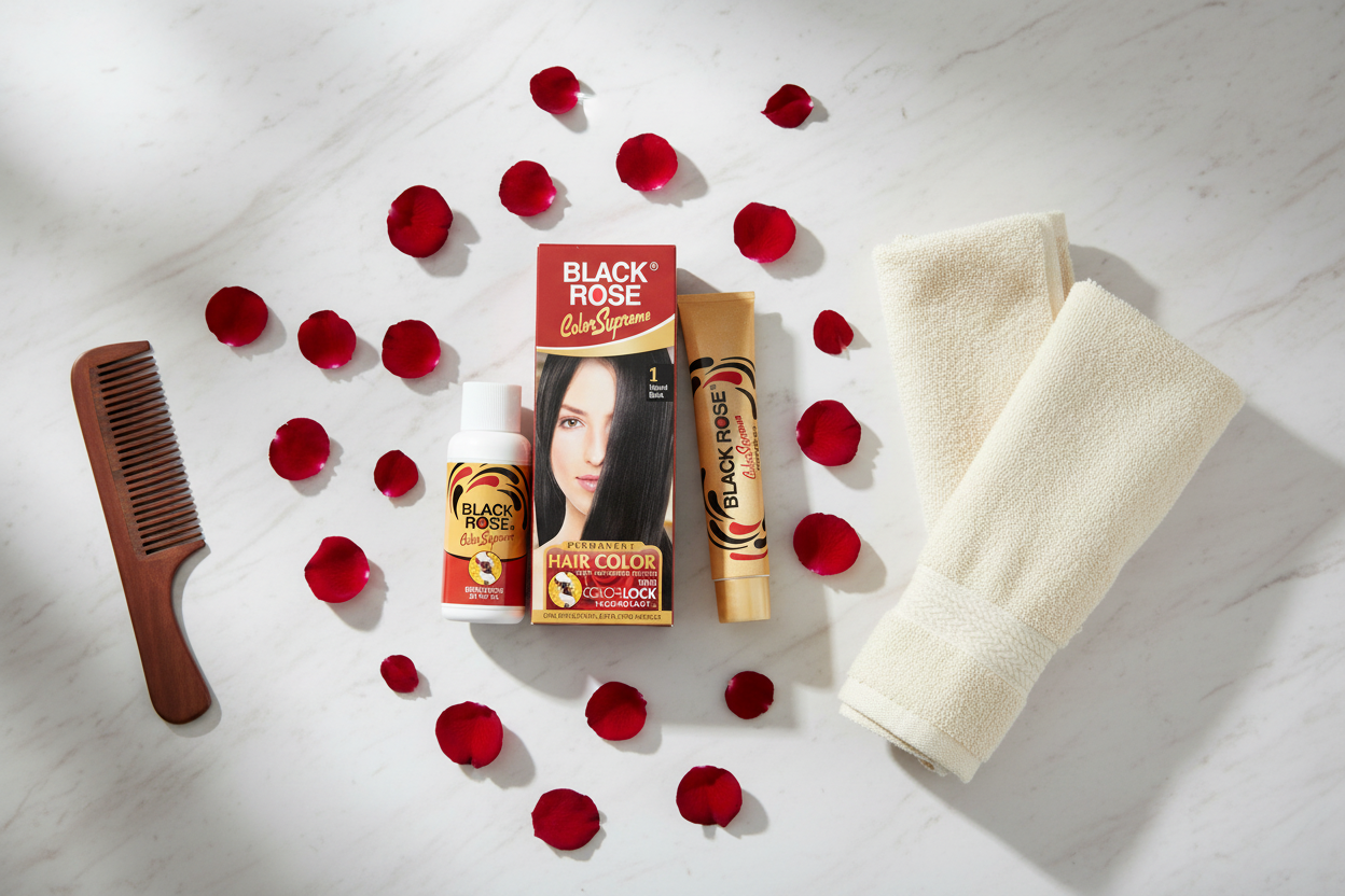 Black Rose Color Supreme Hair Color kit flat lay – how often should you color your hair