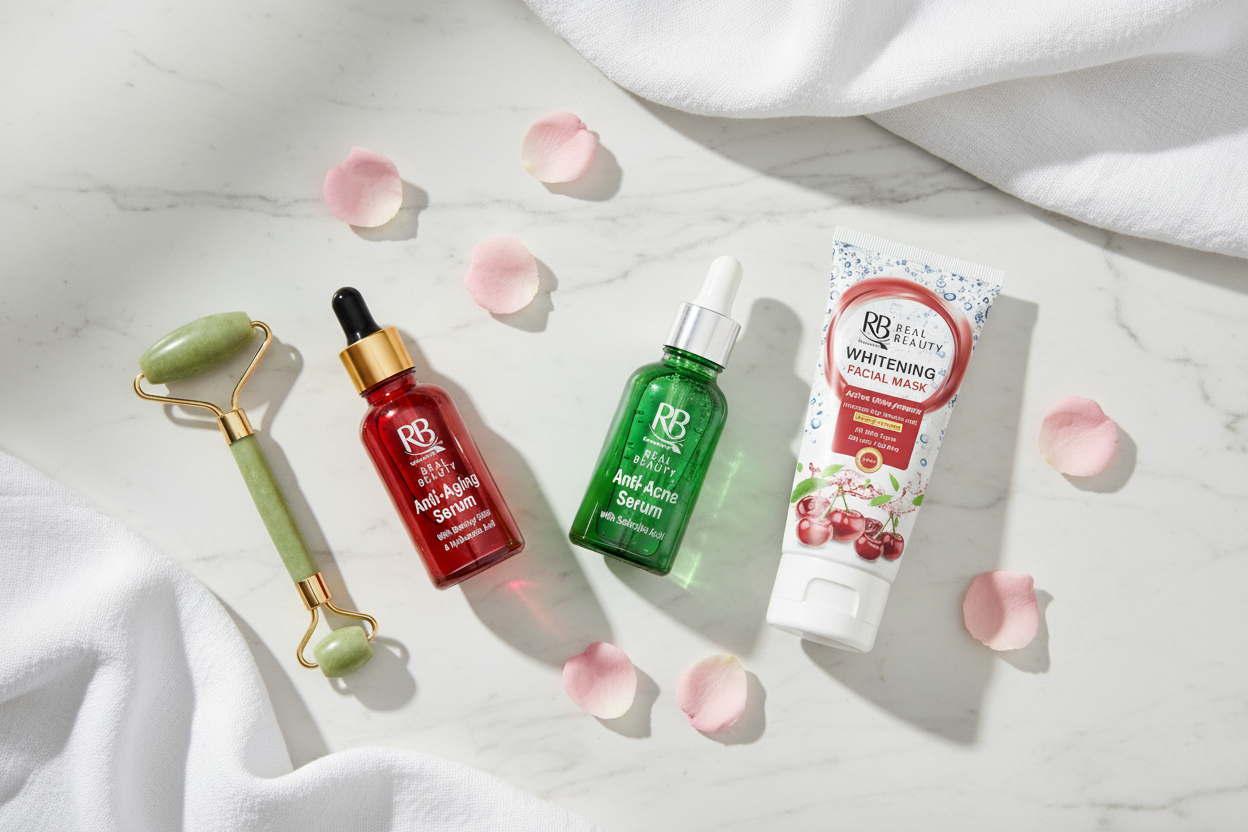 Black Rose skincare products flat lay — Anti-Aging Serum, Anti-Acne Serum, and Whitening Facial Mask for glowing skin