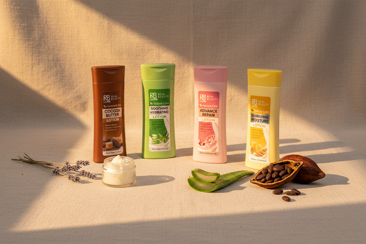 Real Beauty seasonal body lotions for dry skin arranged on linen with shea butter, aloe vera, cocoa and lavender props