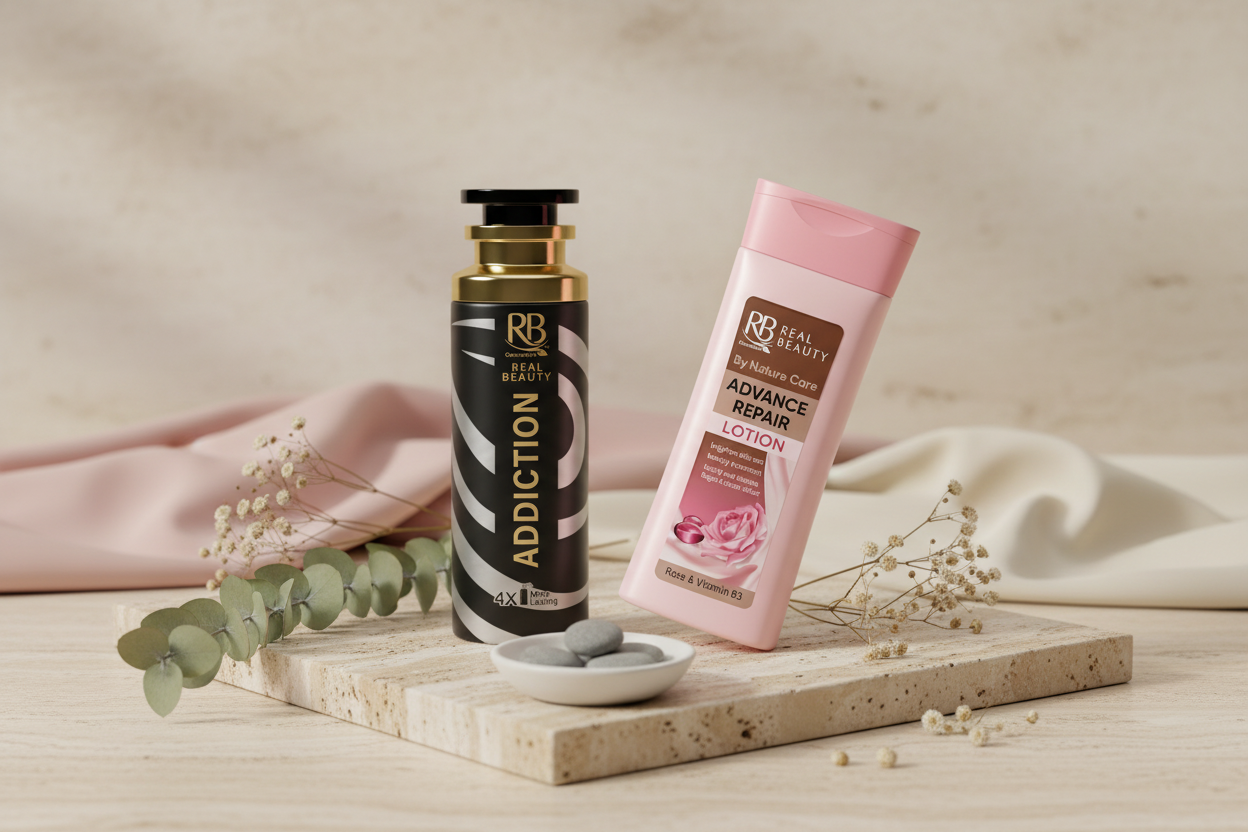 RB Addiction Body Spray and Real Beauty Lotion styled on stone surface for summer body care routine