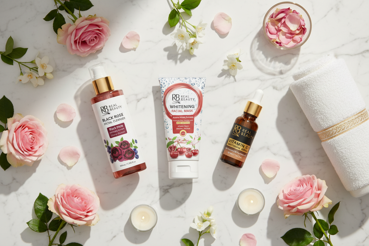 Complete Eid skincare routine with Black Rose Whitening Cleanser, Facial Mask, Vitamin C Serum and Gold Serum for glowing skin