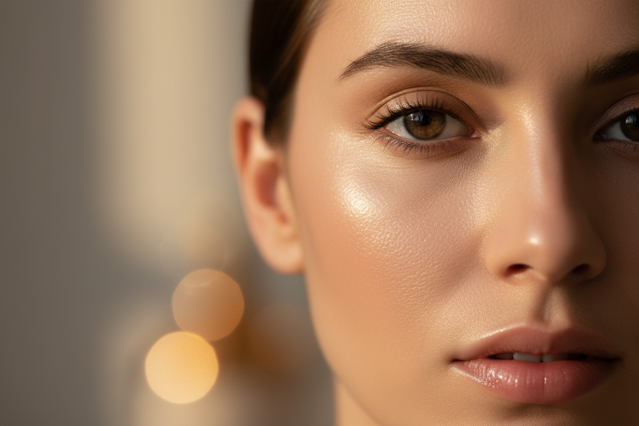 Radiant glowing skin close-up showing smooth luminous complexion and healthy texture after fixing dull skin with proper skincare routine