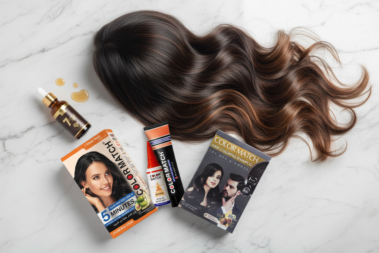 Close-up of hair with soft balayage highlights featuring Black Rose Color Match 5 Minutes Hair Coloring Shampoo and Hair Growth Serum