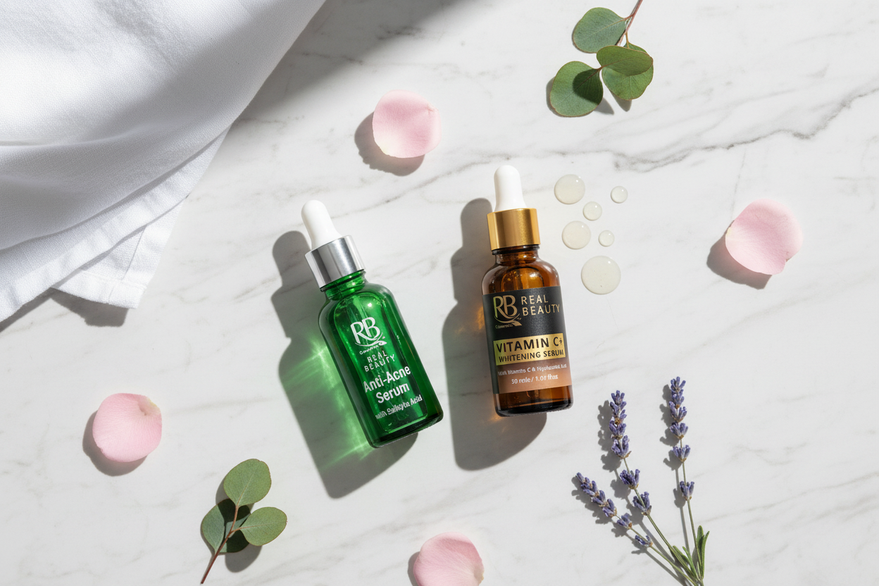 A clean overhead shot of the Anti-Acne Serum and Vitamin C+ Serum on white marble with botanicals and linen.