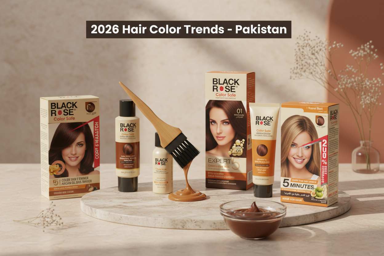 Hair colour trends in Pakistan 2026 featuring Black Rose premium hair color products including espresso brown, mocha, and caramel shades