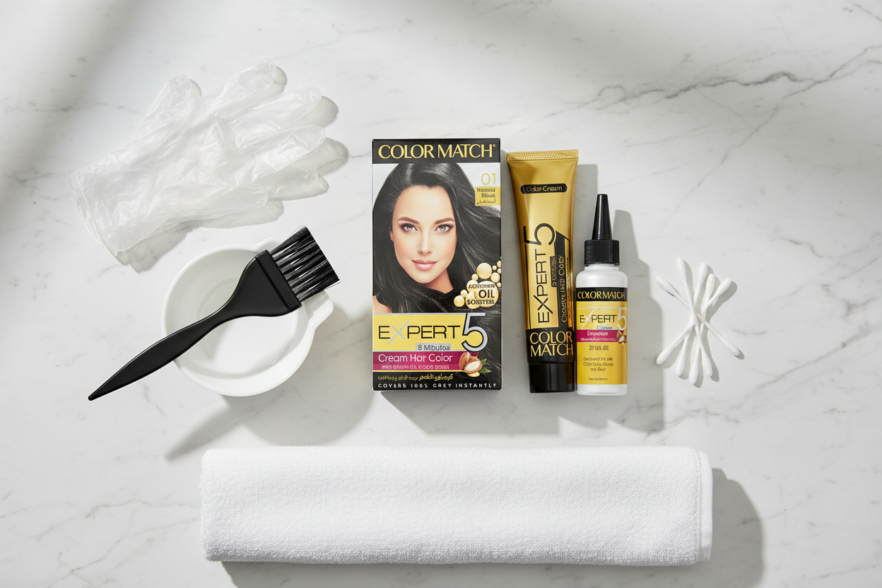 Black Rose Color Match Expert 5 Cream Hair Color with patch test tools including gloves, mixing bowl, and cotton swabs on marble surface