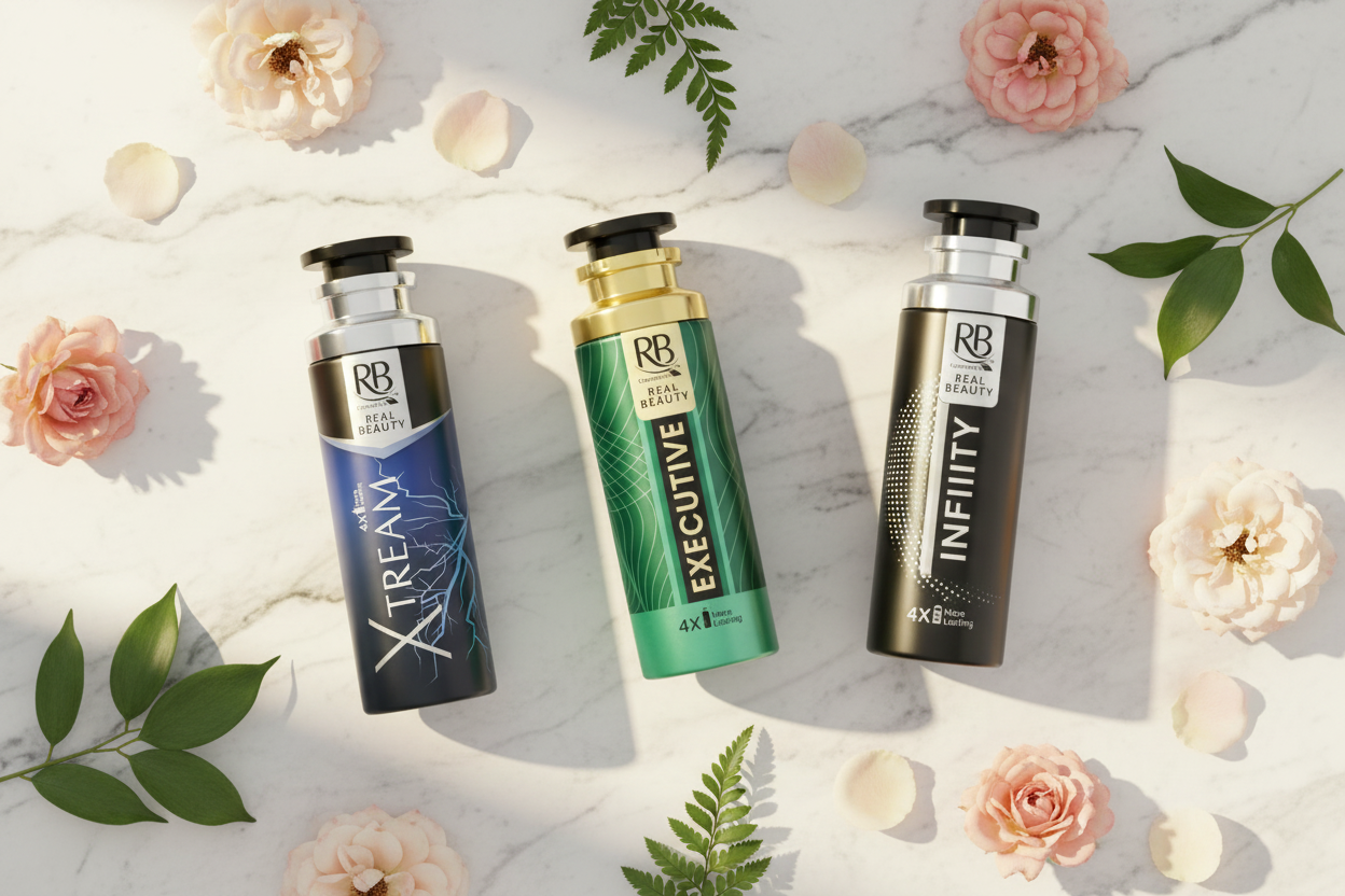 RB body spray collection on marble surface with rose petals — tips to make body spray last longer
