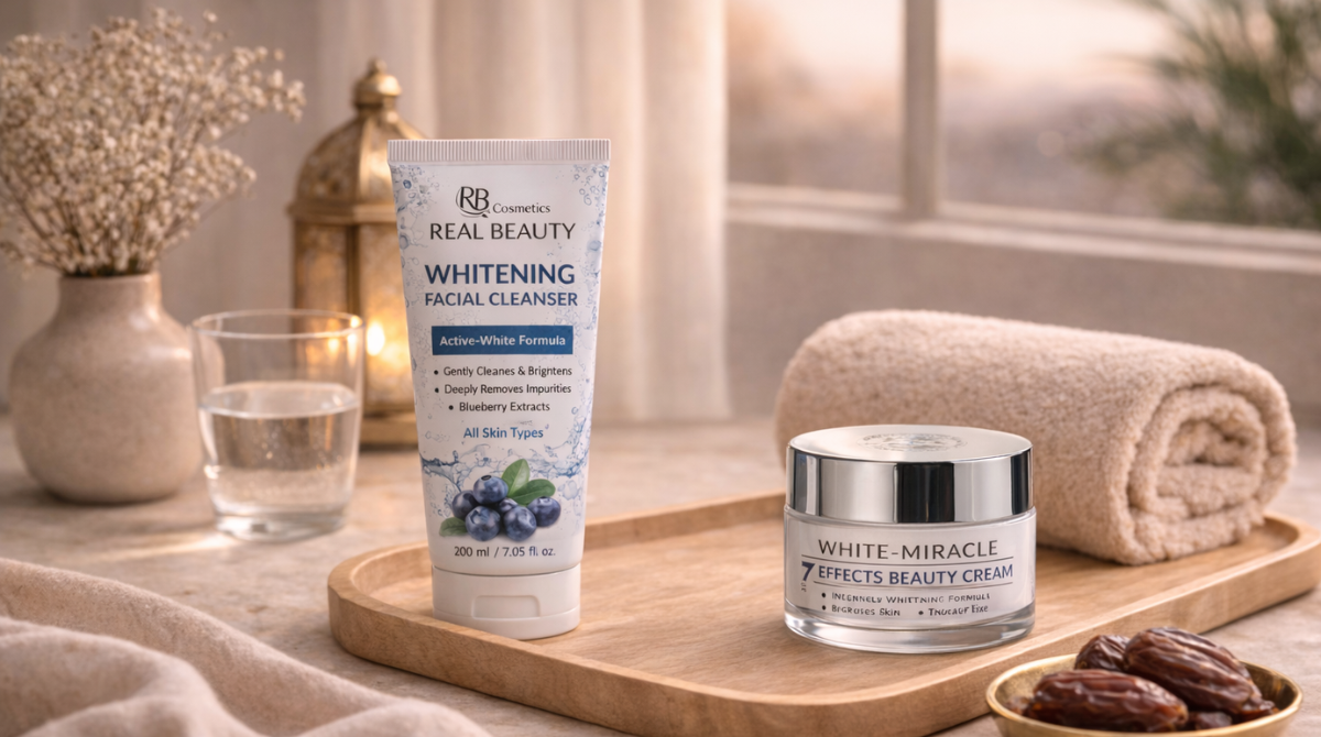 Real Beauty skincare routine displayed on a bathroom counter featuring whitening facial cleanser, anti-acne serum, and White Miracle beauty cream